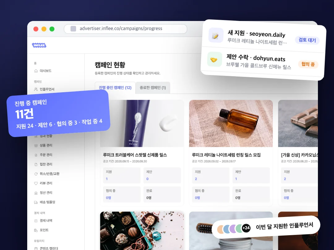 캠페인 현황 화면을 브라우저 목업과 지원·제안·업로드 알림 카드로 합성한 대표 비주얼