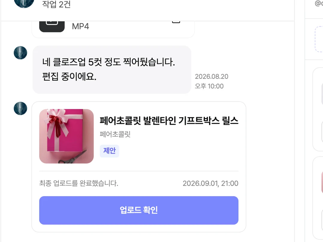 MP4 파일이 첨부된 메시지가 보이는 채팅방 화면