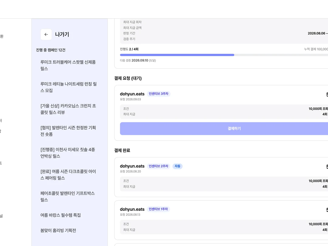 같은 캠페인 결제 현황 화면에서 결제 요청 대기 1건과 결제 완료 3건이 함께 쌓인 화면