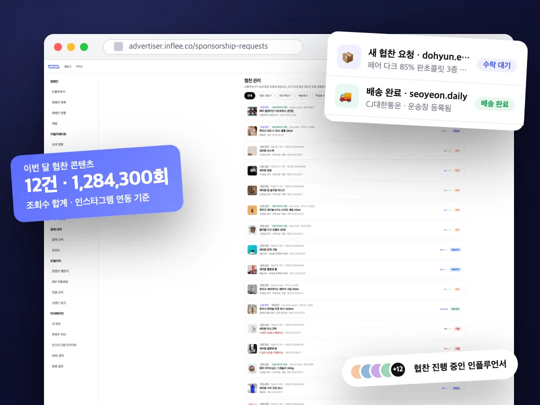 협찬 관리 목록 화면을 배송 상자·알림 배지와 함께 합성한 협찬 대표 비주얼