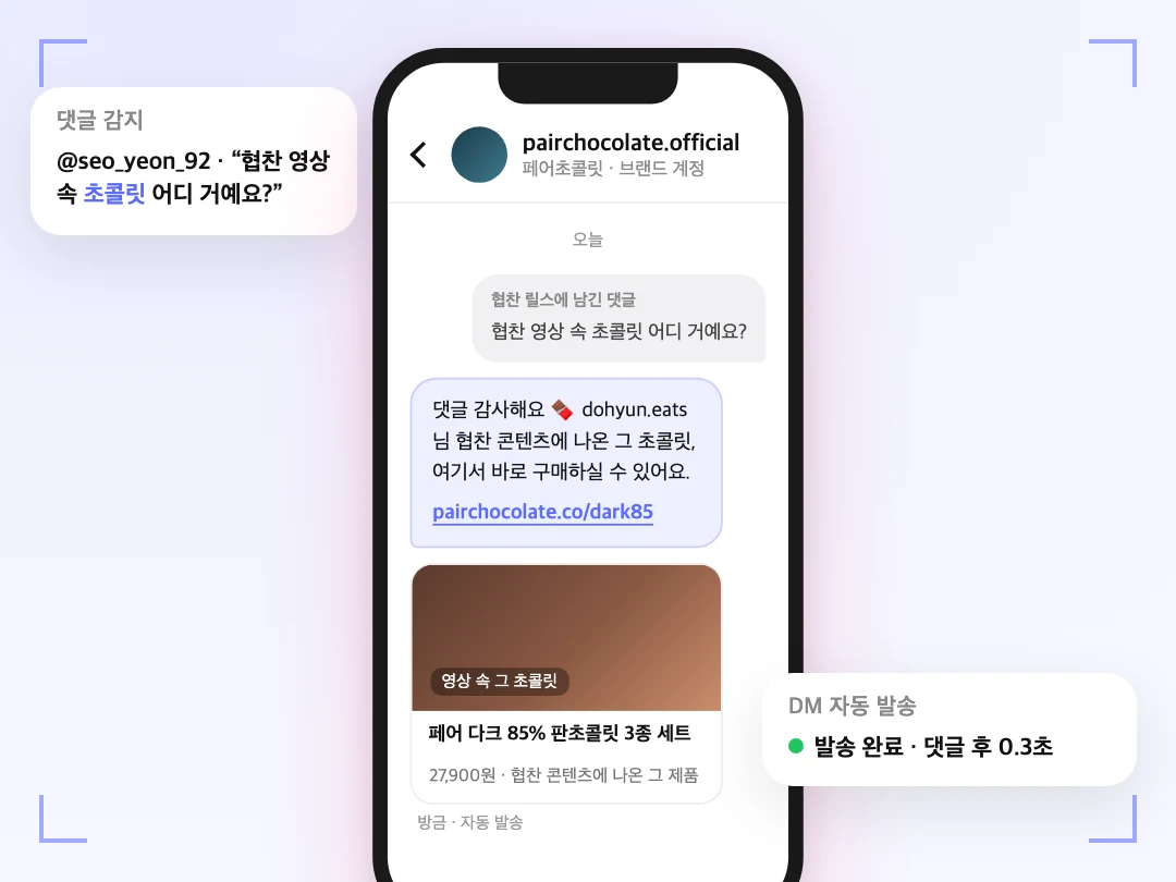 협찬 릴스 댓글을 감지해 브랜드 계정에서 상품 링크가 담긴 DM이 자동 발송된 대화 화면
